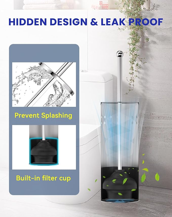 DOWRY Anti-Hand Off Toilet Plunger with Holder for Bathroom,Powerful Efficient Force Suction Cup,Heavy Duty, Deep Cleaning Chrome