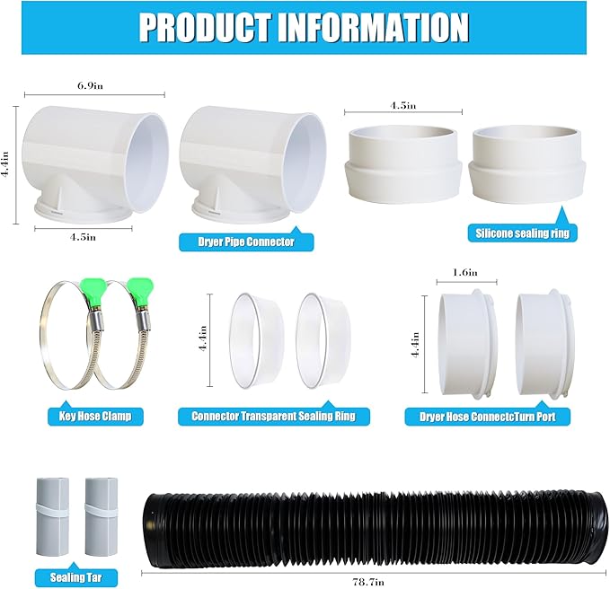 Upgrade Dryer Vent Hose for Tight Space, Dryer Vent Hose Kit, 90 Degree Dryer Vent Elbow with Dual Silicone Seal Connector, High Sealability, Dryer Vent Vacuum Hose Attachment
