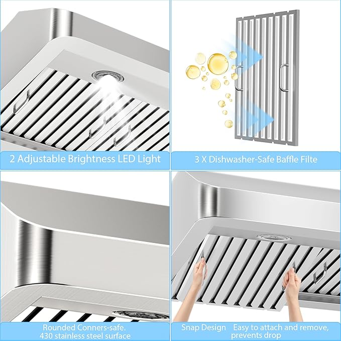 36 inch Range Hood Under Cabinet, 1200 CFM with 4-Speed Gesture Sensing & Touch Control, Stainless Steel Kitchen Stove Vent Hoods with 2 LED Lights, Time Setting, Dishwasher-Safe Baffle Filters