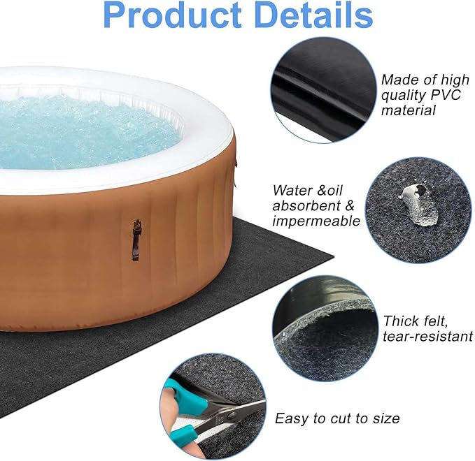 100x100 Inch Hot Tub Mat, Inflatable Hot Tub Mat, Large Washable Floor Protection Mat, Portable Spa Pool Accessories, Waterproof Non-Slip Underlining Absorbent Spa Pool Floor Base Protection