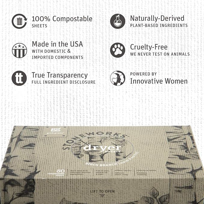 Grab Green Stoneworks Laundry Bundle, 50 Detergent Pods and 80 Dryer Sheets | Birch Branch Scent; Plant & Mineral-Based; Compostable Dryer Sheets; No Harsh Chemicals; Fights Stains; Eliminates Odors