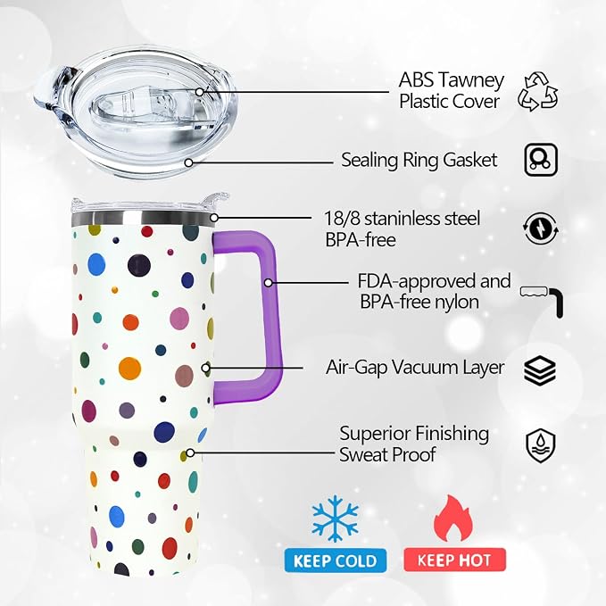 Ceovfoi 40oz Polka Dot Tumbler with Handle Lid Straw, Vacuum Insulated Coffee Mug Water Bottle, Classic Print Decor Gifts for Women