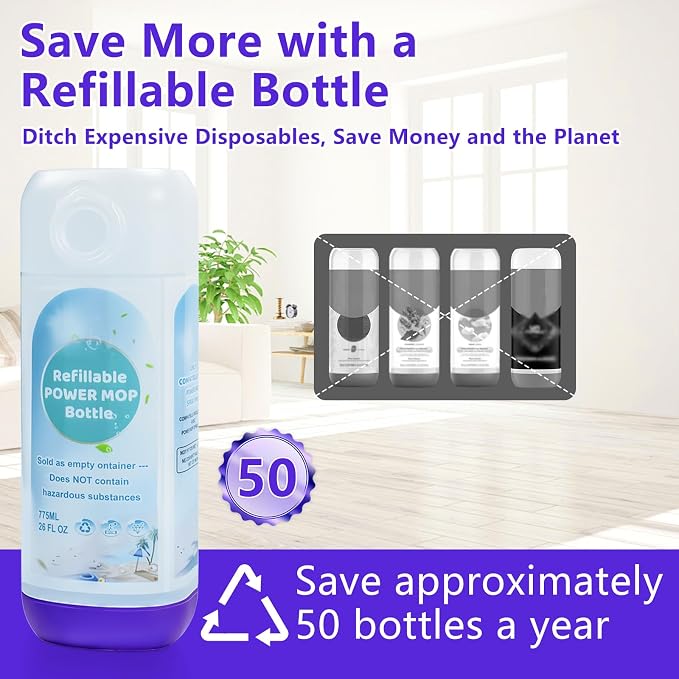 2 Pack Power Mop Refillable Bottle for Swiffer PowerMop, Empty Reusable Bottle for Power Mop, 26 FL OZ Leak-Proof HDPE Solution Container with 5 Silicone Gaskets & Folding Funnel