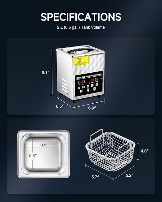 CREWORKS 2L Digital Ultrasonic Cleaner with Degas & Gentle Modes, 0.5 gal. Ultrasonic Cleaning Machine with 150W Heater & 1-30 min. Timer, 60W Professional Ultrasound Cleaner for Glasses Toys Tools