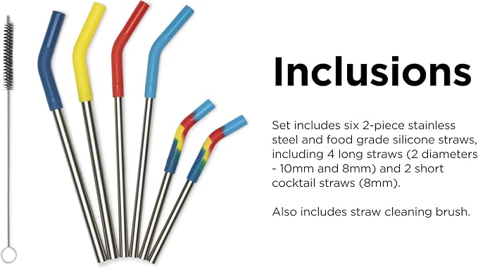 Klean Kanteen Short Recycled Stainless Steel Straw Set - Food Grade Silicone - With Straw Cleaner Brush - 6 Pack Short Straws, Multicolor