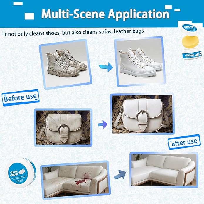 White Shoe Cleaner Cream, 2Pcs Multipurpose No-Wash Solid Cleaning Paste With Sponge, Stain Remover Cream For Leather Sneakers And Shoe Soles