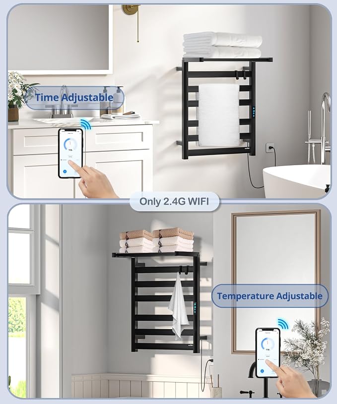 Towel Warmer Rack with WiFi, 6 Bars Large Towel Racks with Temperature & Timing Control, Foldable Bracket, Digital Display, Stainless Steel, Plug-in, Wall Mounted, Black
