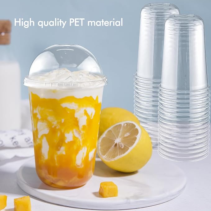 Qsqwsuye 100 Set 16oz Disposable Clear Plastic Cup with Lids and Straws, Sturdy & Food Safe Iced Coffee Cups, Plastic Cold Drinks Cups for Smoothie, Milk Tea, Assorted Beverages Party Supplies
