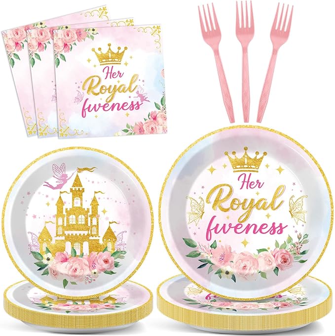 CHUNNIN 96Pcs Princess 5th Birthday Plates and Napkins Her Royal Fiveness Decorations Princess Party Dessert Plates Rainbow Castle Tableware for 24 Guests 5th Theme Girl Baby Shower Party Supplies