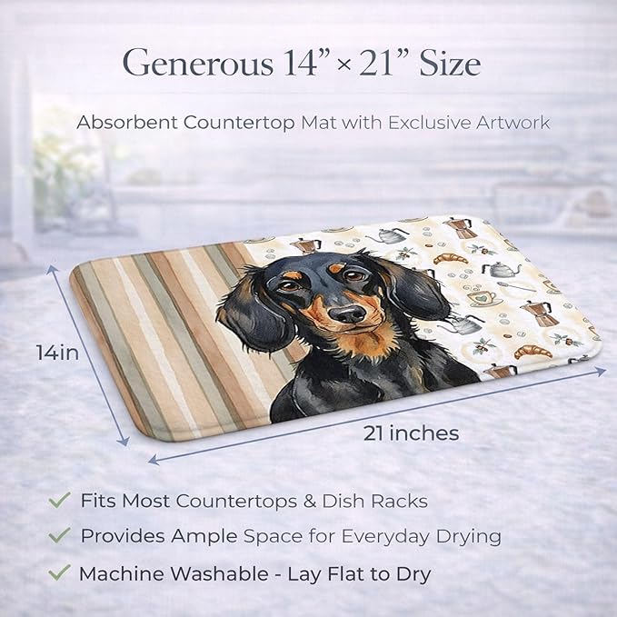 Caroline's Treasures Longhaired Black and Tan Dachshund Coffee Bar Dish Drying Mat Absorbent Dish Drying Mat Pad for Kitchen Counter Dish Drainer Mat for Countertop, 14 x 21", Multicolor