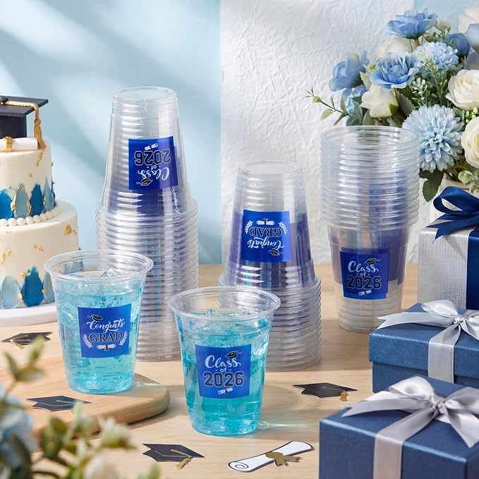 Amyhill 60 Pack 12oz Graduation Cups 2026 Graduation Decorations Disposable Plastic Cups Sturdy&Durable Drinkware for Class of 2026 Decorations Congrats Grad Party Favors Supplies (Red,Blue and White)