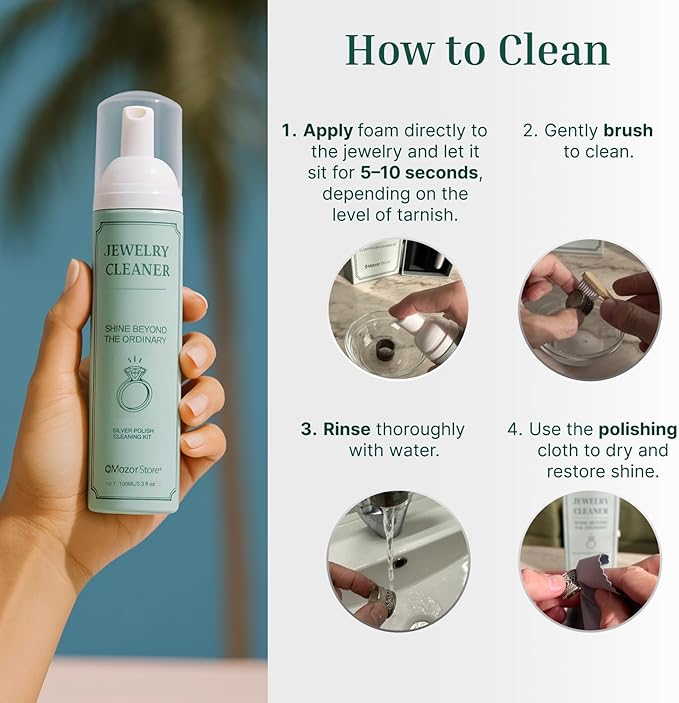 Silver Jewelry Cleaner, Instant Shine, 4-in-1 Gold, Platinum Jewelry Cleaner Solution, Brush, Large Polishing Cloth & Luxury Travel Box – Eco-Friendly, Tarnish Remover & Jewelry Cleaner Kit