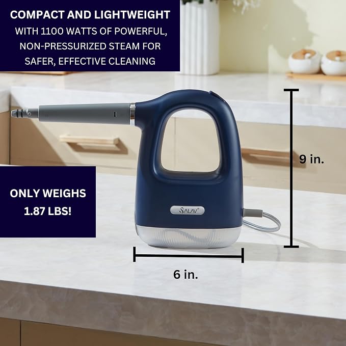 SALAV® CleanSteam Compact Steam Cleaner Pressurized Multi-Surface Handheld Steamer w/11pc Accessories, Safety Lock No-Drip Fast Heat Time Unlimited Use, for Cleaning Windows, Tiles, Grout, Car (Navy)