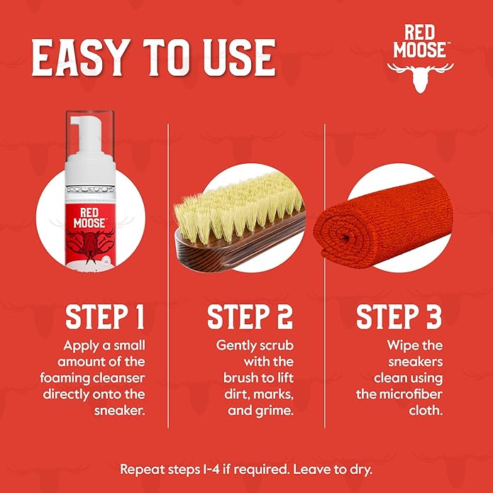 RED MOOSE Shoe & Sneaker Cleaner Kit – Leather, Suede, Nubuck, Canvas & White Shoes with Brush, Foam & Cloth, Made in USA