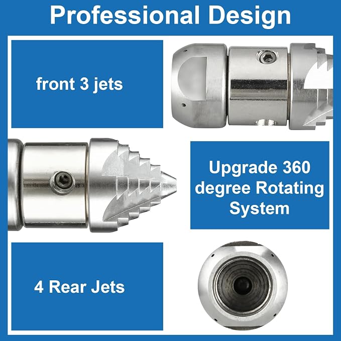 3/8 npt Sewer Jetter Nozzle for 2900 PSI, 40 L/min Pressure Washer - Stainless Steel, 360°Quickly Rotating for Municipal Drain Pipe Cleaning(Small Size)