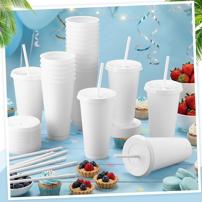Honeydak 60 Pack Tumbler with Straw and Lid Bulk Cups for Gifts Water Bottle Iced Coffee Travel Mug Cup Reusable Plastic Tumblers for Party Birthdays 24-27 oz (White Color)