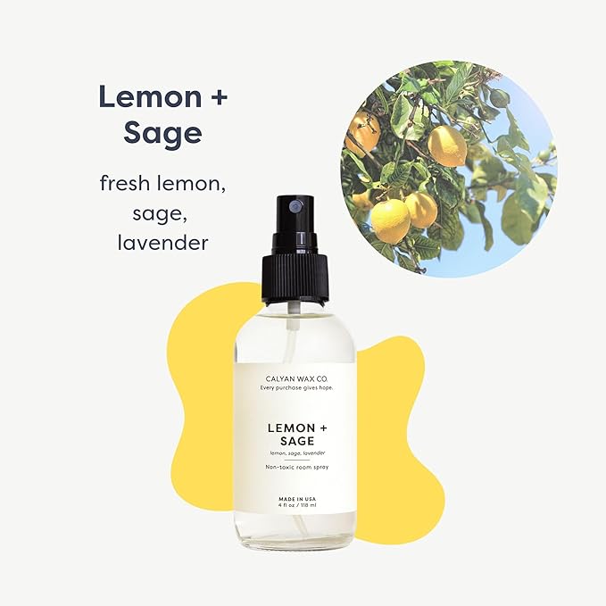 Calyan Wax Co. Lemon & Sage Room Spray - Non Toxic Air Freshener - Natural Room Deodorizer with Essential Oils - Air Freshener Spray for Home - 4 fl oz