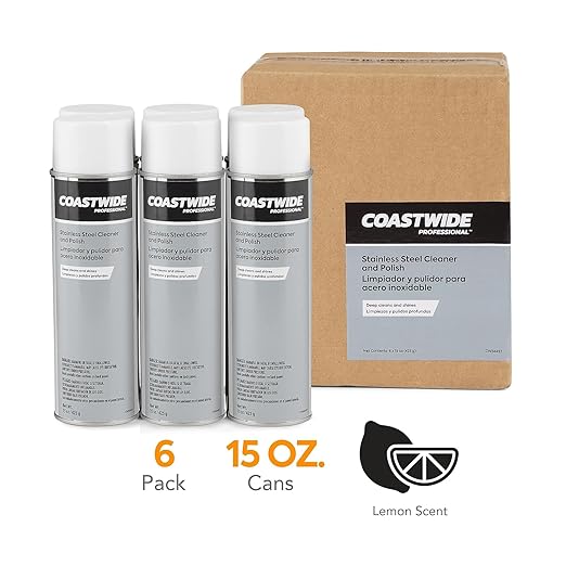 Coastwide Professional Stainless Steel Cleaner and Polish, Lemon Scent, 15 Oz., 6/Carton