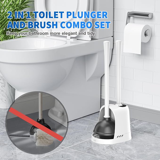 Toilet Plunger and Brush, 2 Pack Bowl Brush and Heavy Duty Toilet Plunger Set with Ventilated Holder, 2-in-1 Toilet Brush and Plunger Combo for 5.3-inch Toilet Drain Bathroom Cleaning