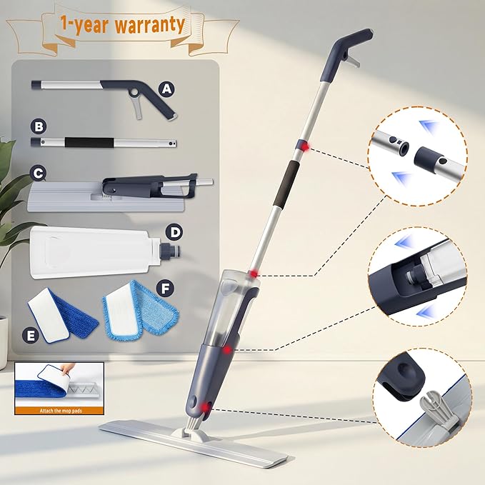 24" Dry mops for Floor Cleaning, Microfiber mop Spray System, Commercial Heavy-Duty Wet mops with 28oz Big Tank, 2 Washable Pads (Commercial Blue, 24inch-2Pack)