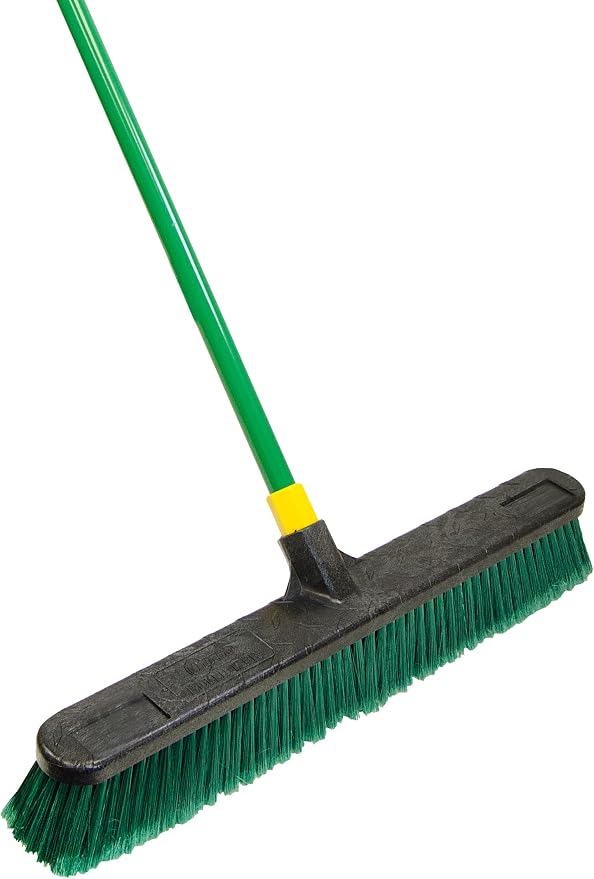 Quickie Bulldozer Multi-surface Push Broom 24 inch, Green, Indoor and Outdoor Cleaning, Steel Handle, Professional-Grade, Sweep Jobsites/Sidewalks/Warehouse/Concrete/Asphalt/Wood (538)