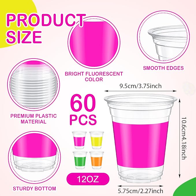 Tanlade 60 Pcs Neon Color Plastic Cups Bulk 12 oz Colored Disposable Cups Assorted Fluorescent Color Drinking Cup for Cold Drinks Birthday Holiday Party Supplies