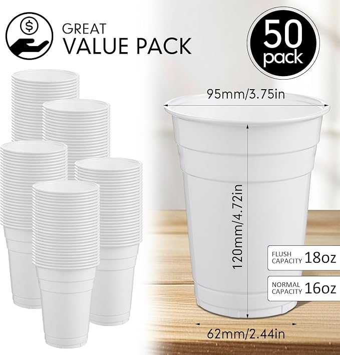Mimorou White 200 Pack Plastic Cups 16 oz Disposable Cups for Party Wedding Halloween Stackable Beverage Drinking Tumbler Heavy Duty for BBQ Birthday Baby Shower