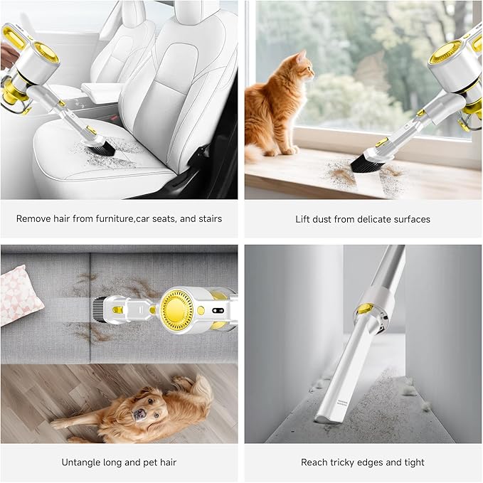 Cordless Vacuum Cleaner for Home, Powerful Stick Vacuum with Rechargeable Battery, Green Light Anti-Tangle Brush, 6-in-1 Lightweight Handheld Vacuum for Pet Hair, Hard Floor, Carpet, Yellow