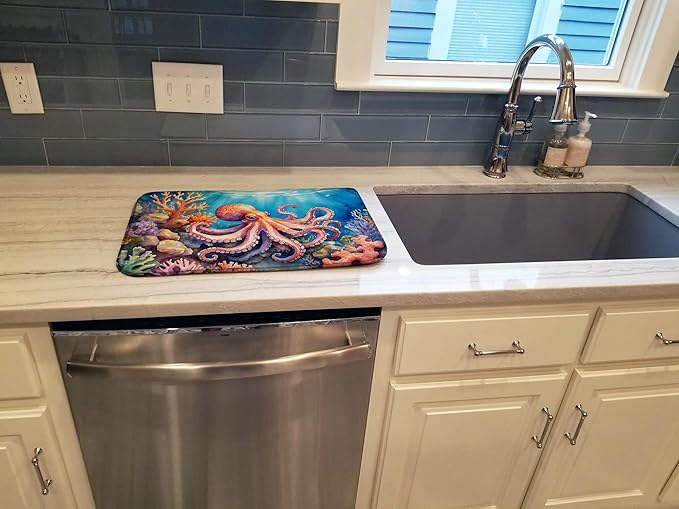Caroline's Treasures Octopus Among Coral Dish Drying Mat Absorbent Dish Drying Mat Pad for Kitchen Counter Dish Drainer Mat for Countertop, 14 x 21", Multicolor