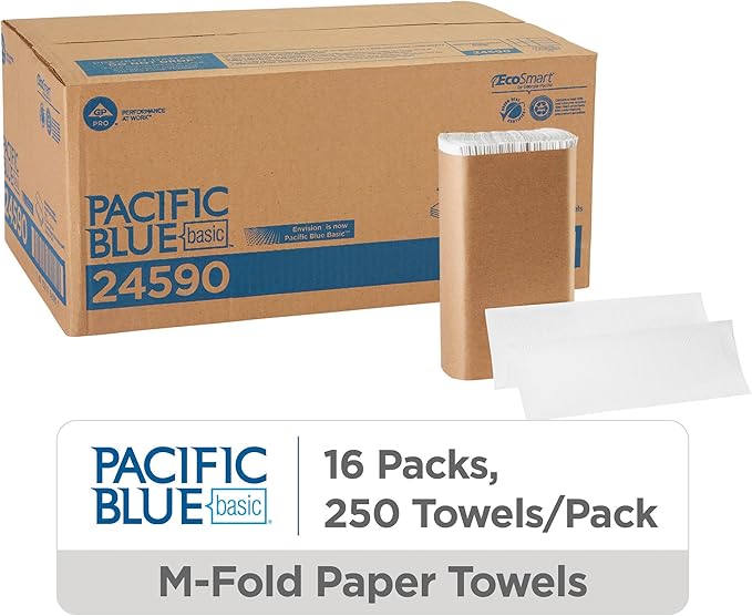 Pacific Blue Basic Recycled Multifold Paper Towels (Previously Branded Envision) by GP PRO (Georgia-Pacific), White, 24590, 250 Towels Per Pack, 16 Packs Per Case (4000 Total), 9.20'' x 9.44