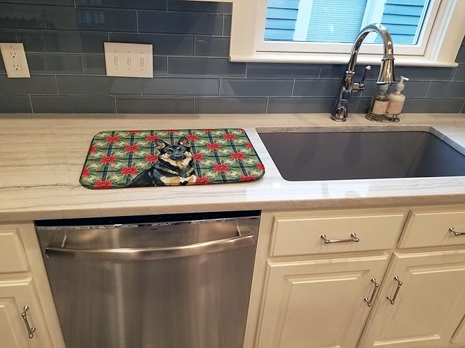 Caroline's Treasures Black and Tan German Shepherd Christmas PoinsettIas Dish Drying Mat Absorbent Dish Drying Mat Pad for Kitchen Counter Dish Drainer Mat for Countertop, 14 x 21", Multicolor