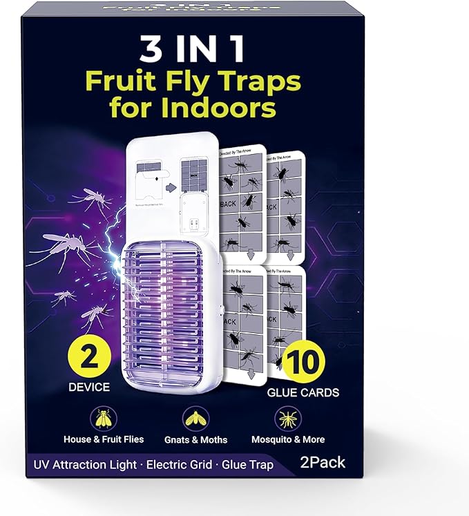 2-Pack Upgraded Fruit Fly Traps for Indoors, Flying Insect Trap for Fruit Flies, Gnats, Plug in Bug Zapper Indoor with Dual-UV Lights & Trapping, Electric Grid & Glue Traps(2 Device & 10 Glue Boards)