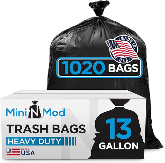 Black 13 Gallon Trash Bags – Bulk 1020 Count – Tall Kitchen Garbage Bags – 13 Gal Unscented Plastic Can Liners for Bathroom, Office, Janitorial, Commercial, Industrial, Municipal – Drawstring-Free