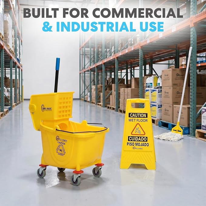 SIMPLI-Magic Side Press Wringer Combo Commercial Mop Bucket on Wheels, 2-Pack, 35 Quart, Yellow, Including Wet Floor Caution Sign and Mop Set, Polyethylene