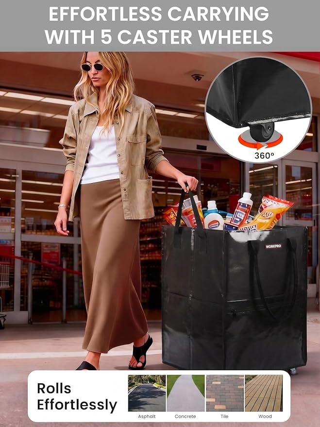 WORKPRO Medium Reusable Grocery Bag on Wheels, Heavy Duty Rolling Shopping Tote with Handle, Folding Trolley on 4 Caster Wheels for Groceries, Laundry, Camping, Moving