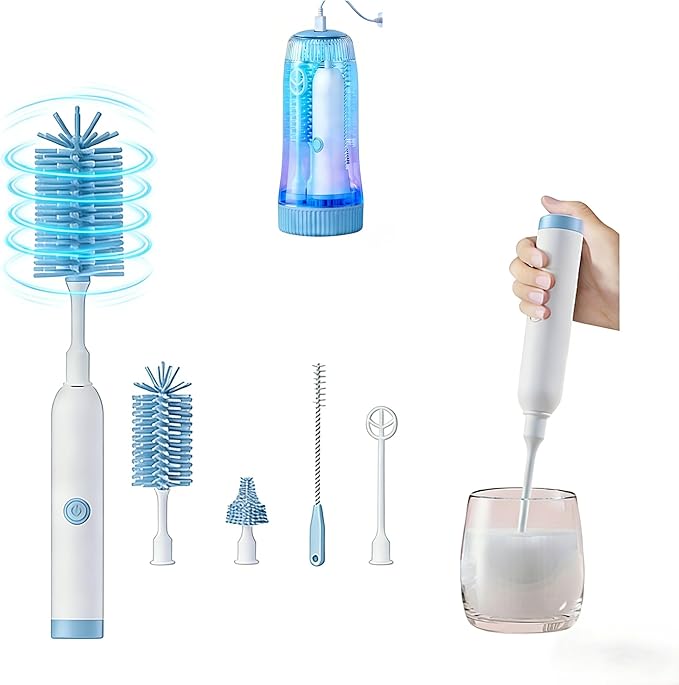 Portable Electric Silicone Bottle Brush Set, 7-in-1 UV Light USB Charging, Nipple/Straw Cleaner, Milk Mixer, Built-in Drying Rack & Storage Case, BPA-Free, IPX7, On-the-Go for New Parents (Sky)