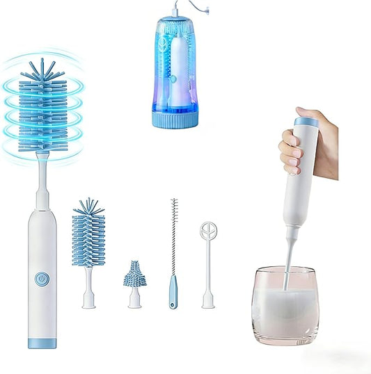Portable Electric Silicone Bottle Brush Set, 7-in-1 UV Light USB Charging, Nipple/Straw Cleaner, Milk Mixer, Built-in Drying Rack & Storage Case, BPA-Free, IPX7, On-the-Go for New Parents (Sky)