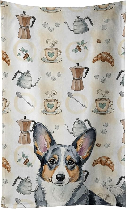 Caroline's Treasures Blue Merle Cardigan Welsh Corgi Coffee Bar Kitchen Towel Velour Plush Front and Cotton Loop Back Machine Washable