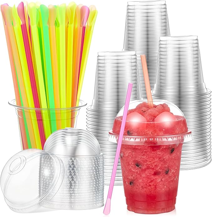 Reallnaive 100 Sets 12 oz Clear Slushie Cups with Dome Lids and Snow Cone Spoon Straws, Disposable Smoothie Cold Drinking Cups for Party Iced Coffee Cold Drinks Juice Milkshake