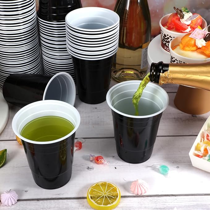 Lounsweer 100 Pcs 16 oz Disposable Party Cups Plastic Heavy Duty Drinking Water Cups for Birthday Baby Shower Wedding BBQ Picnic Party Supplies(Black, White)