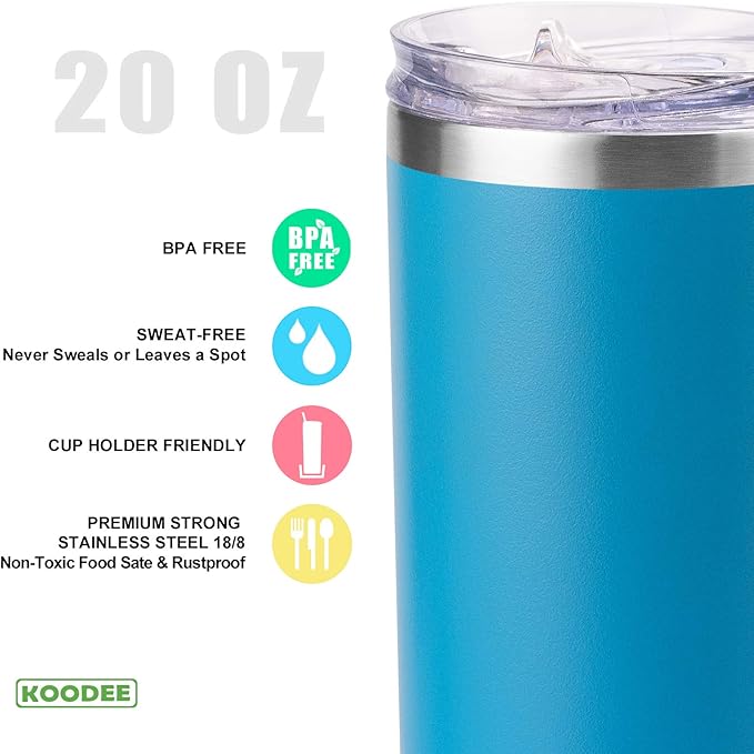 koodee Tumbler with Straw 20 oz Stainless Steel Skinny Tumbler Double Wall Insulated Slim Water Cup for Coffee, Tea (Sky Blue)