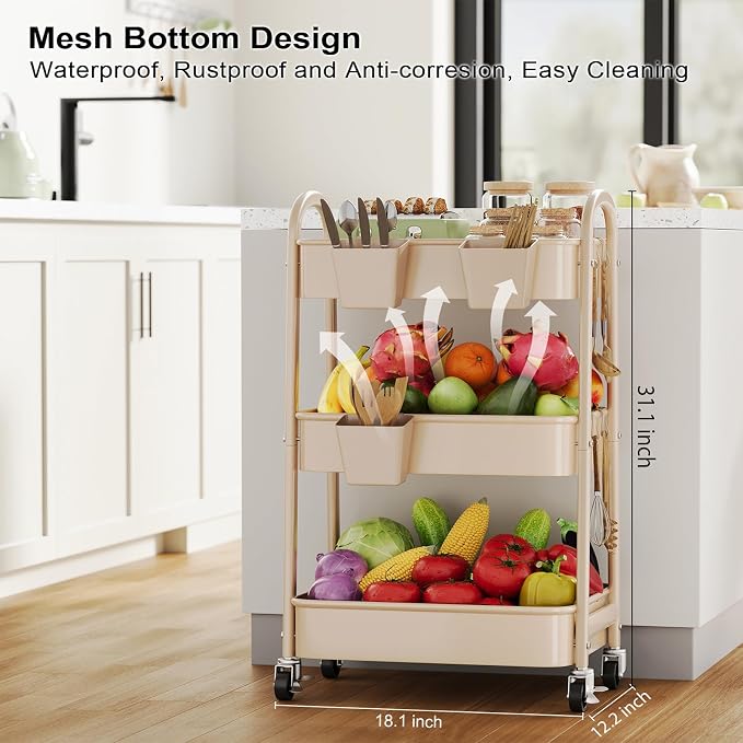 Beige 3 Tier Rolling Cart Metal on Wheels, Three Tiered Storage Organizer Utility Trolley with Wheels for Art, Craft, Baby Diaper Caddy, Snack, Book, Nail, Lash, Cleaning Supplies, Kitchen, Bathroom