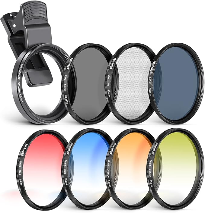 NEEWER 55mm ND + CPL + Star + 4 Graduated Color Filter Set with Phone Lens Clamp Compatible with iPhone 17 16 16e 15 14 Pro Max Plus Samsung Galaxy S25 Ultra