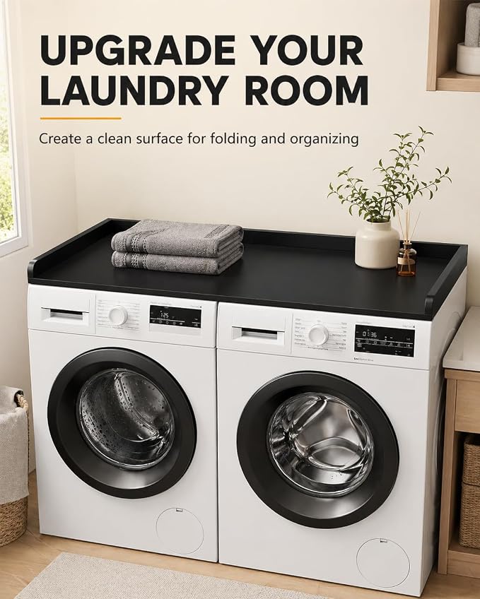 FlyGeneral Washer and Dryer Countertop, 54" Width x 27.5" Deep, Black | Laundry Folding Surface for Clothes, Quick Install Design, Raised Edge Prevents Items Falling, Fits Front Load Washer Dryer
