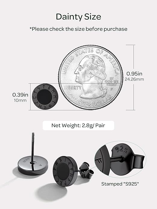 ChicSilver 925 Sterling Silver Viking Rune Natural Black Onyx Stud Earrings For Women Men