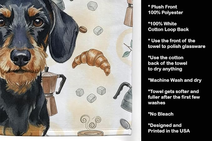 Caroline's Treasures Wirehaired Black and Tan Dachshund Coffee Bar Kitchen Towel Velour Plush Front and Cotton Loop Back Machine Washable
