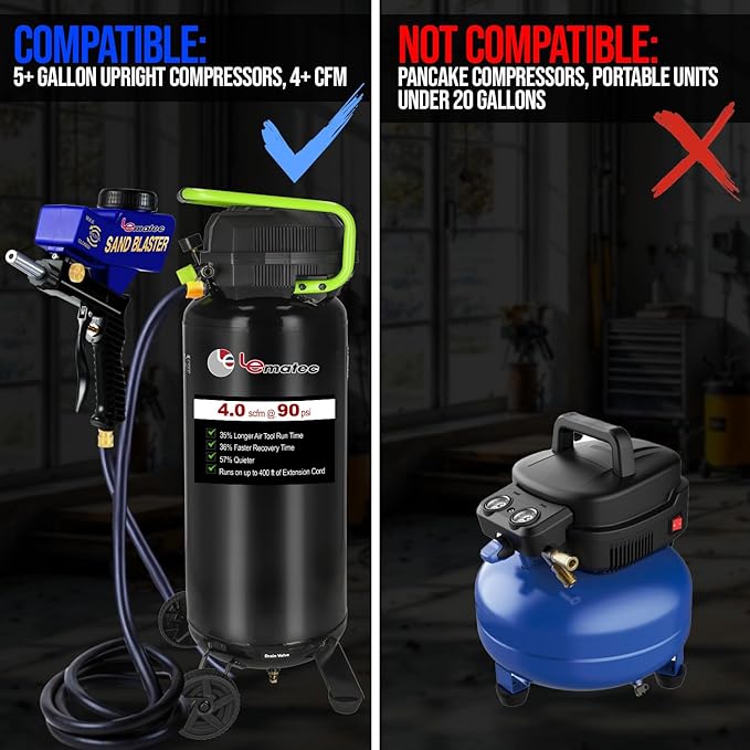 LE LEMATEC Sand Blaster Gun Kit for Air Compressor - Portable Sandblaster for Paint & Rust Removal, Metal, Wood, Auto Surface Prep, Works with Soda Sand Walnut Media, 150 PSI Gravity-Fed