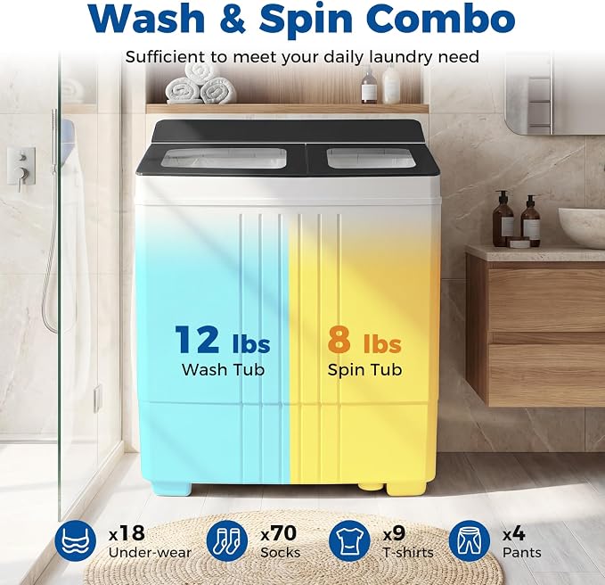 Giantex Portable Washing Machine, 20LBS Twin Tub Mini Compact Laundry Washer Spinner Combo with Drain Pump, 12Lbs Washer and 8Lbs Spinner for Apartments, RVs, Dorms, Gray+White