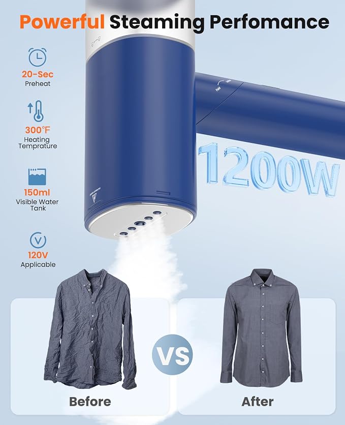 Handheld Steamer for Clothes, 1200W Foldable Travel Steamer, 20 Sec Preheat Garments Wrinkle Remover, 120V Portable Hand Iron with 150ml Water Tank, Clothes Steamer for Home Travel Blue