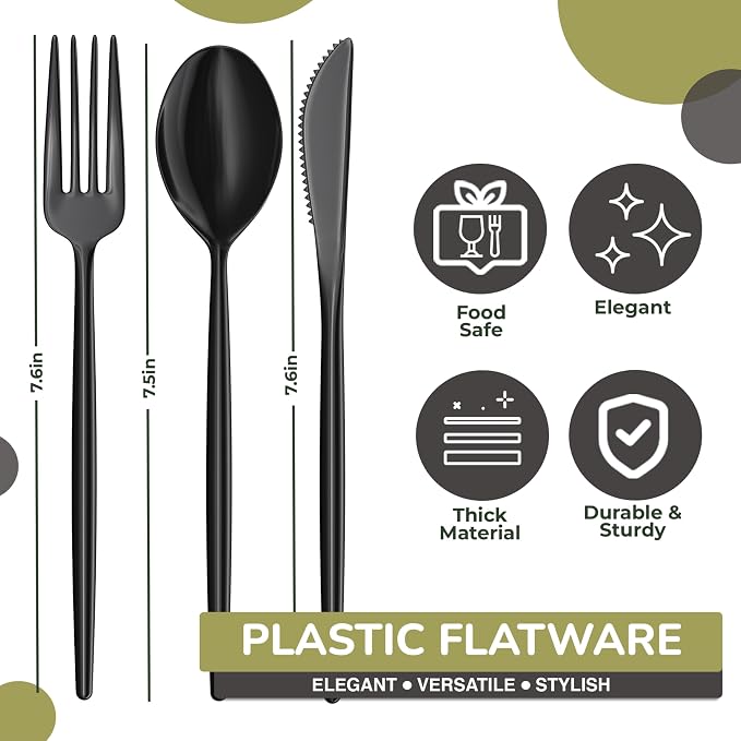 Trendables Disposable Black Plastic Cutlery Set - 120 Pack Silverware with Black Plastic Knives